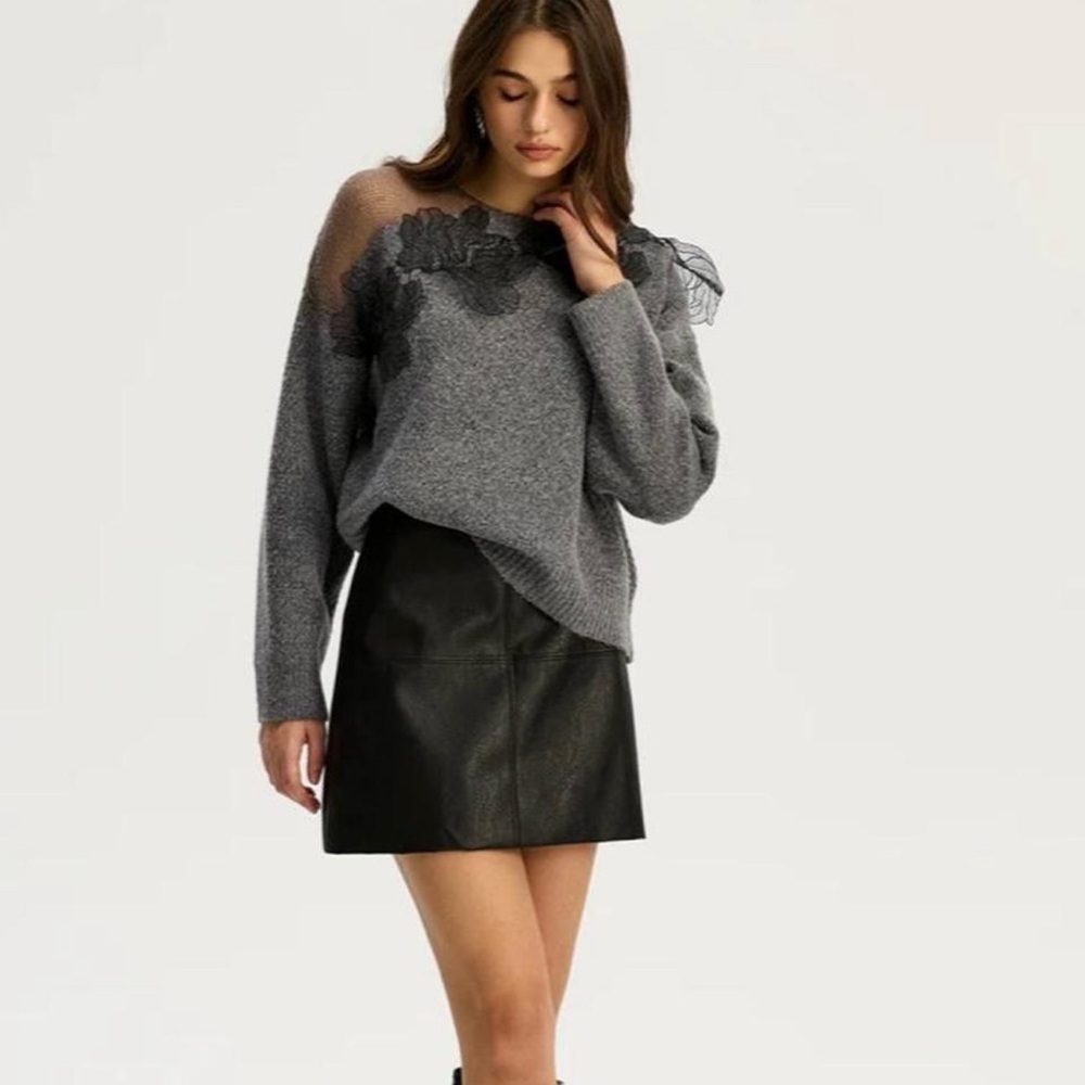 NWT Floral lace Gray Sweater with semi sheer shoulder and floral details med